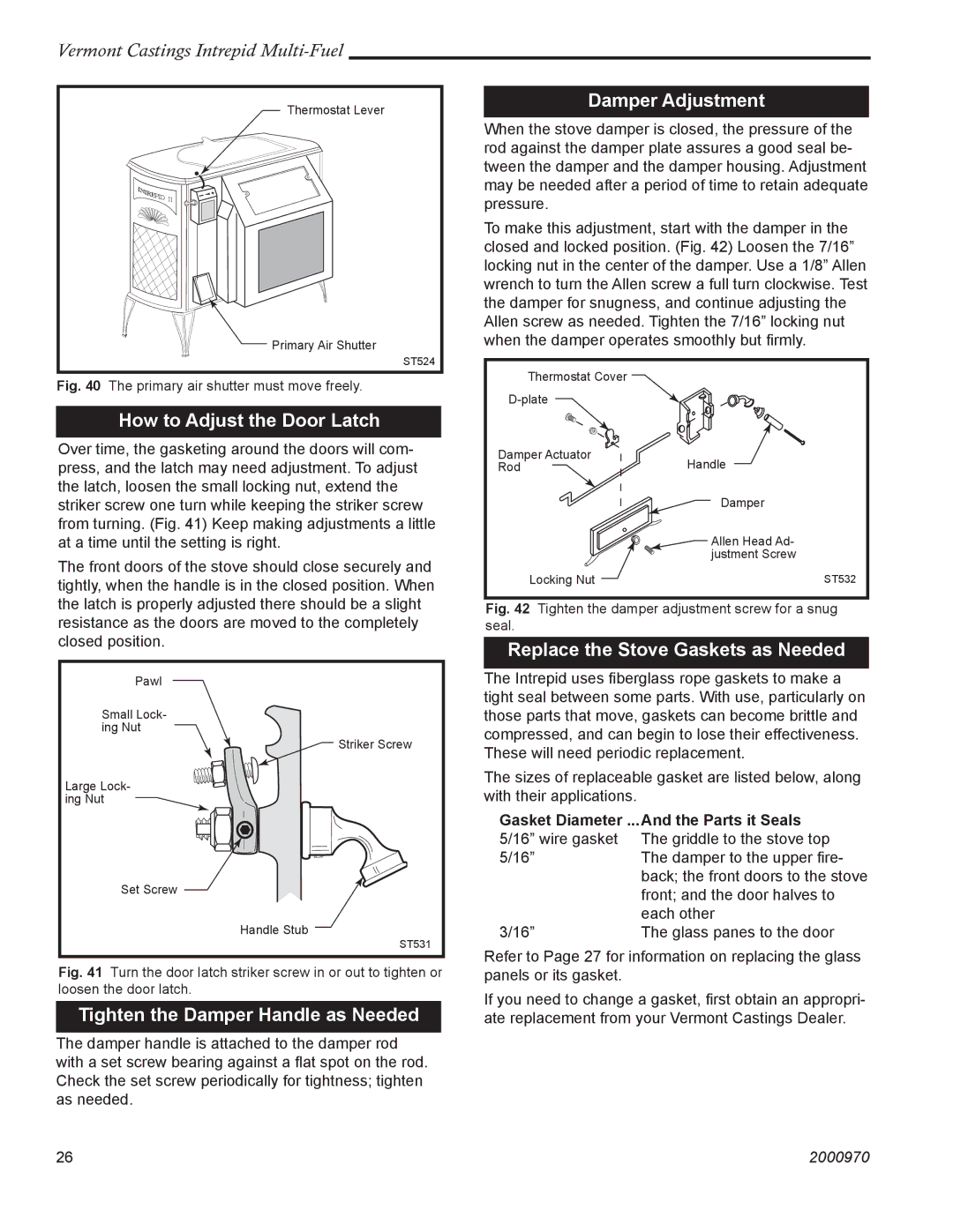 Vermont Casting 1695 How to Adjust the Door Latch, Tighten the Damper Handle as Needed, Damper Adjustment 