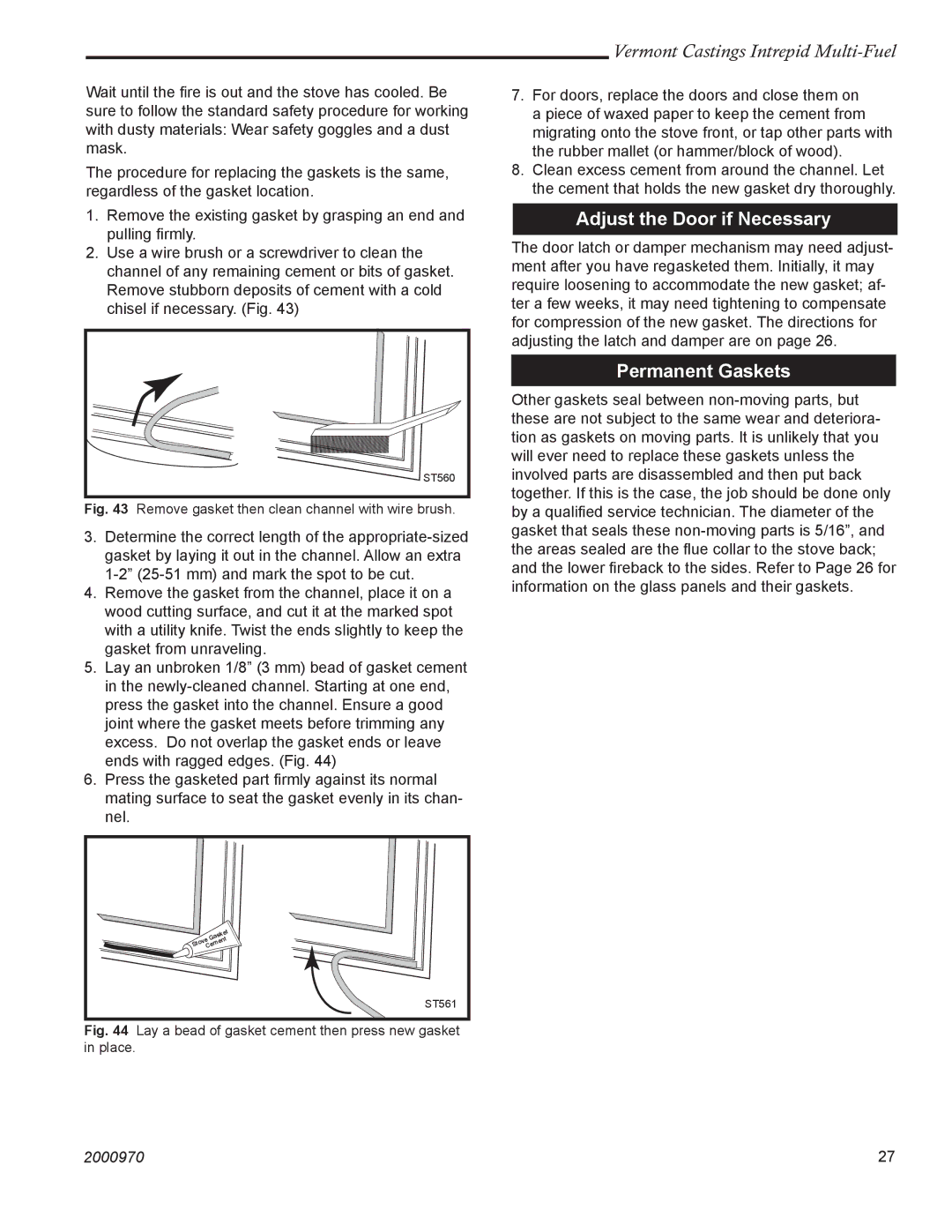 Vermont Casting 1695 installation instructions Adjust the Door if Necessary, Permanent Gaskets 