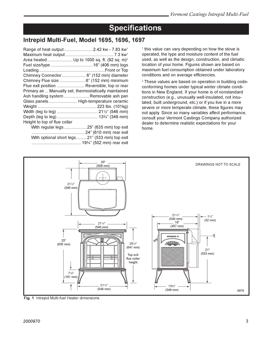 Vermont Casting installation instructions Speciﬁcations, Intrepid Multi-Fuel, Model 1695, 1696 