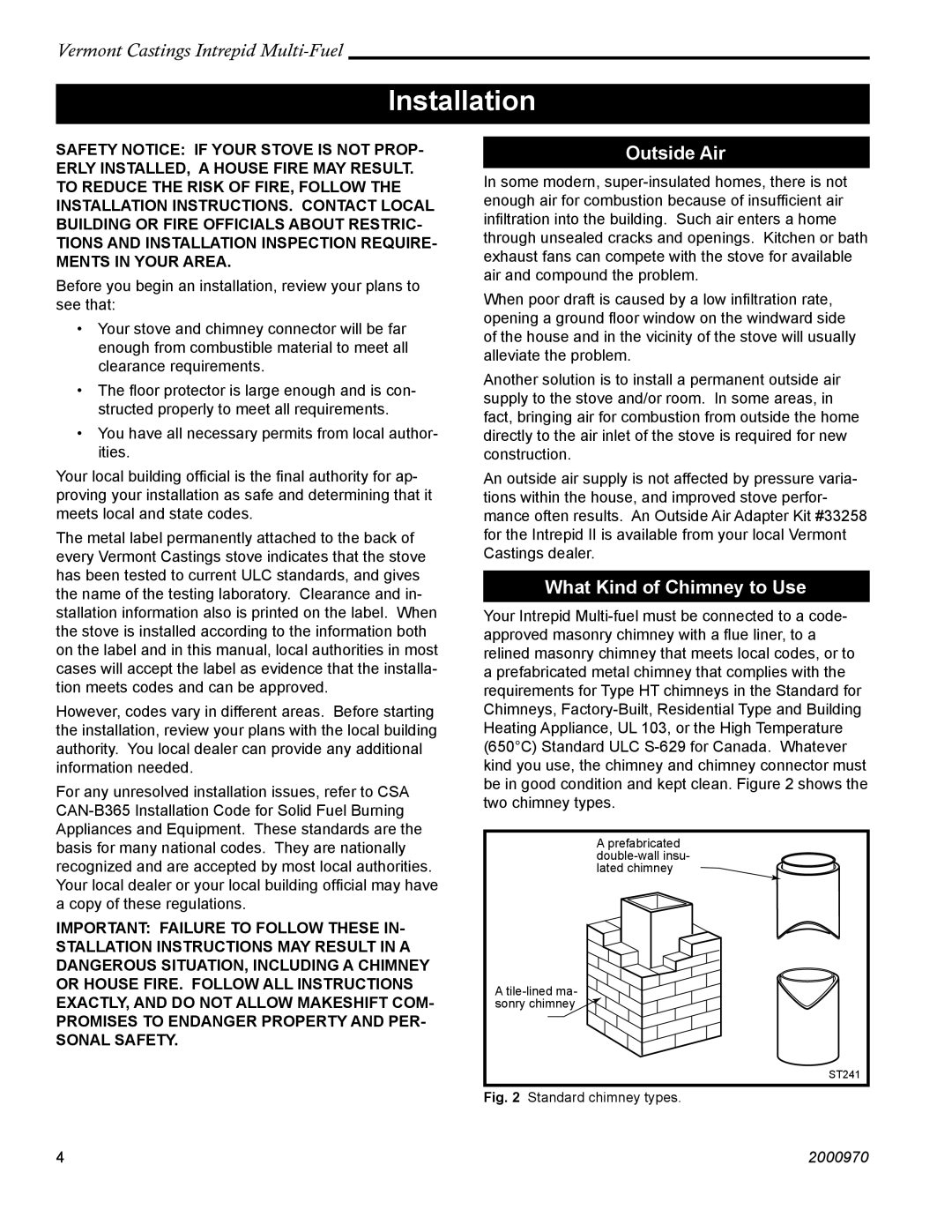 Vermont Casting 1695 installation instructions Installation, Outside Air, What Kind of Chimney to Use 