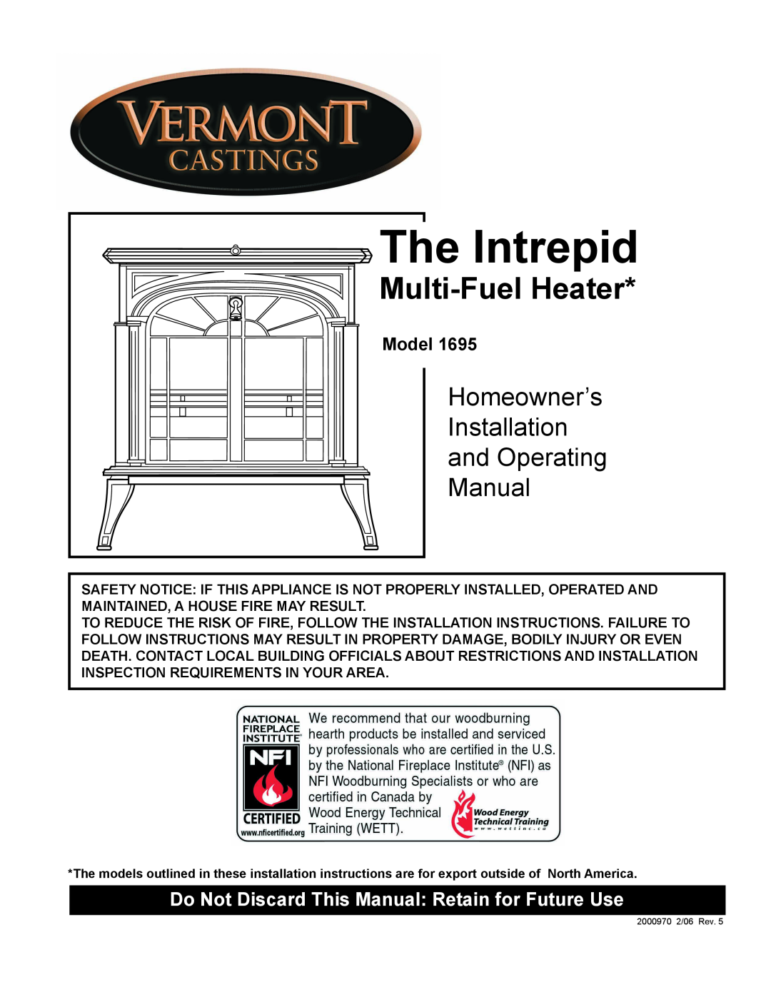 Vermont Casting 1695 installation instructions Model, The Intrepid, Multi-FuelHeater, Homeowner’s, Installation, Manual 