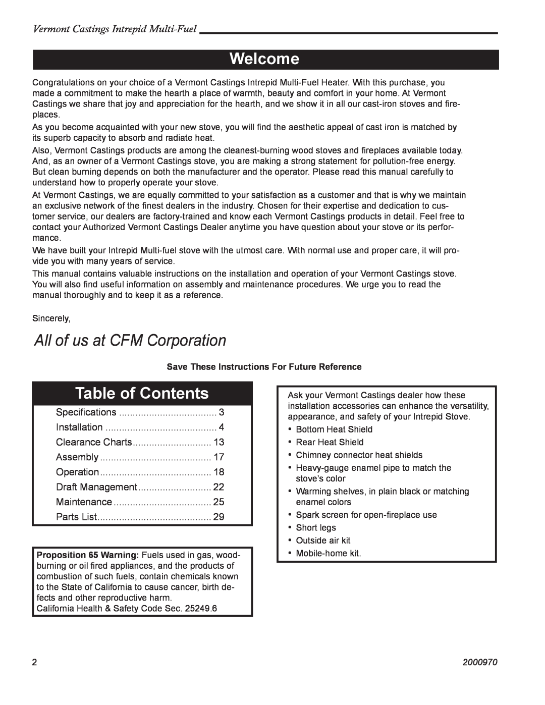 Vermont Casting 1695 Welcome, Table of Contents, Vermont Castings Intrepid Multi-Fuel, All of us at CFM Corporation 