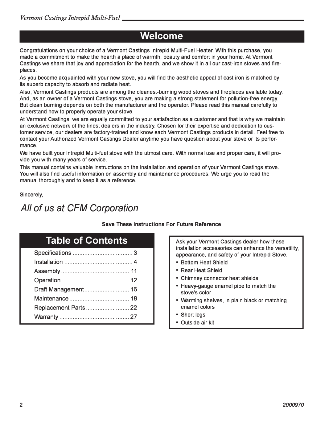 Vermont Casting 1695CE Welcome, Table of Contents, Vermont Castings Intrepid Multi-Fuel, All of us at CFM Corporation 