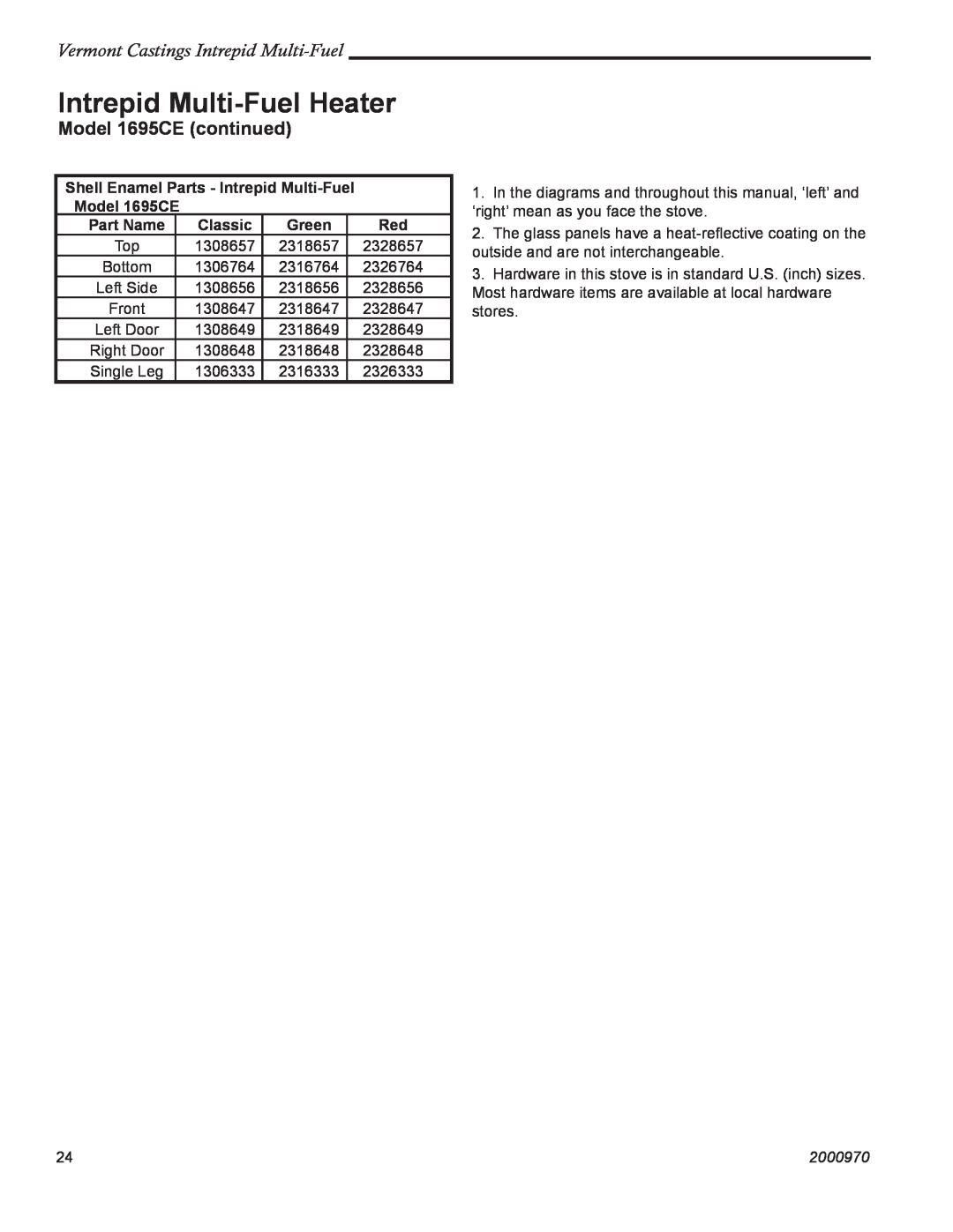 Vermont Casting Intrepid Multi-FuelHeater, Vermont Castings Intrepid Multi-Fuel, Model 1695CE continued, Part Name 