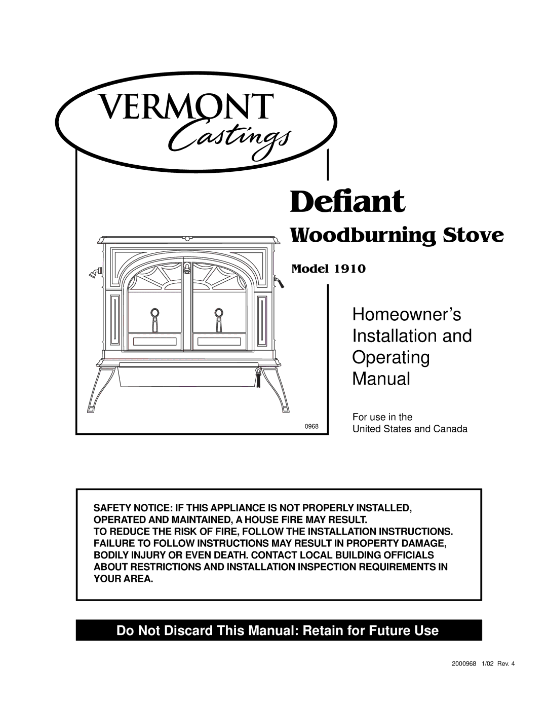 Vermont Casting 0968, 1910 installation instructions Defiant 