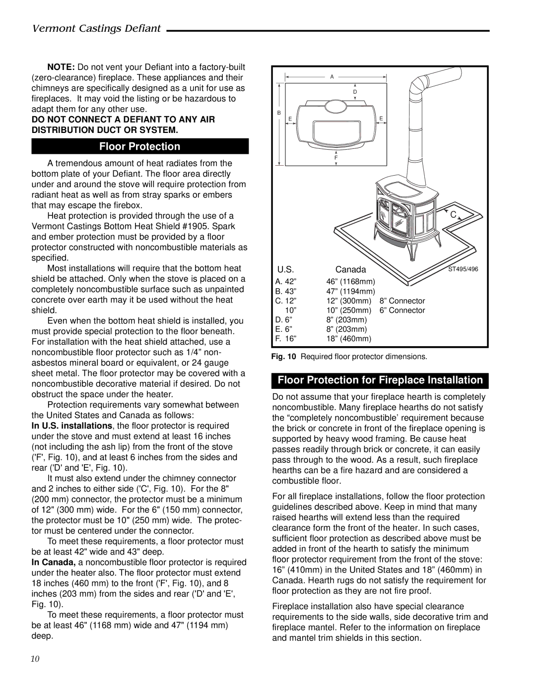 Vermont Casting 1910, 0968 installation instructions Floor Protection for Fireplace Installation 