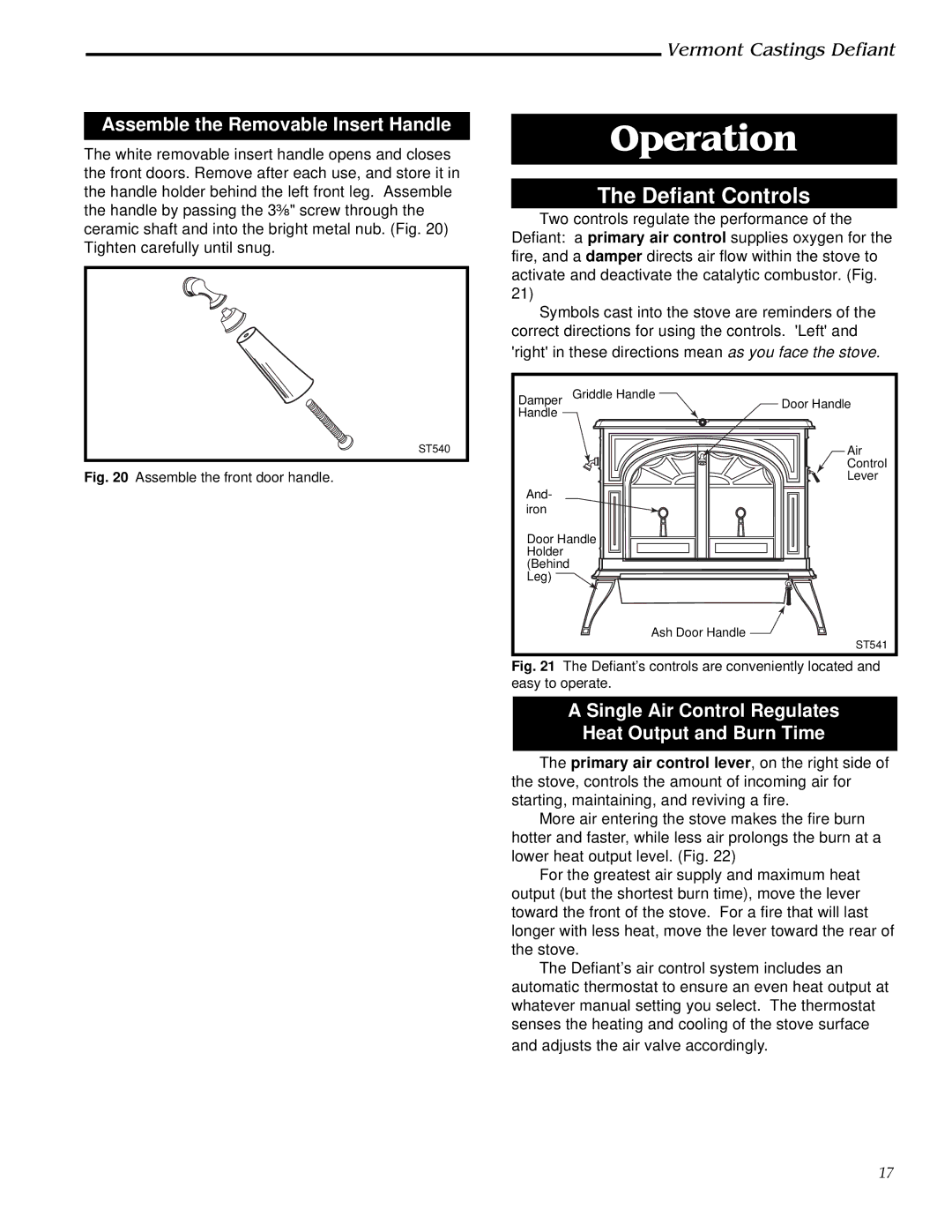 Vermont Casting 0968, 1910 installation instructions Operation, Defiant Controls, Assemble the Removable Insert Handle 