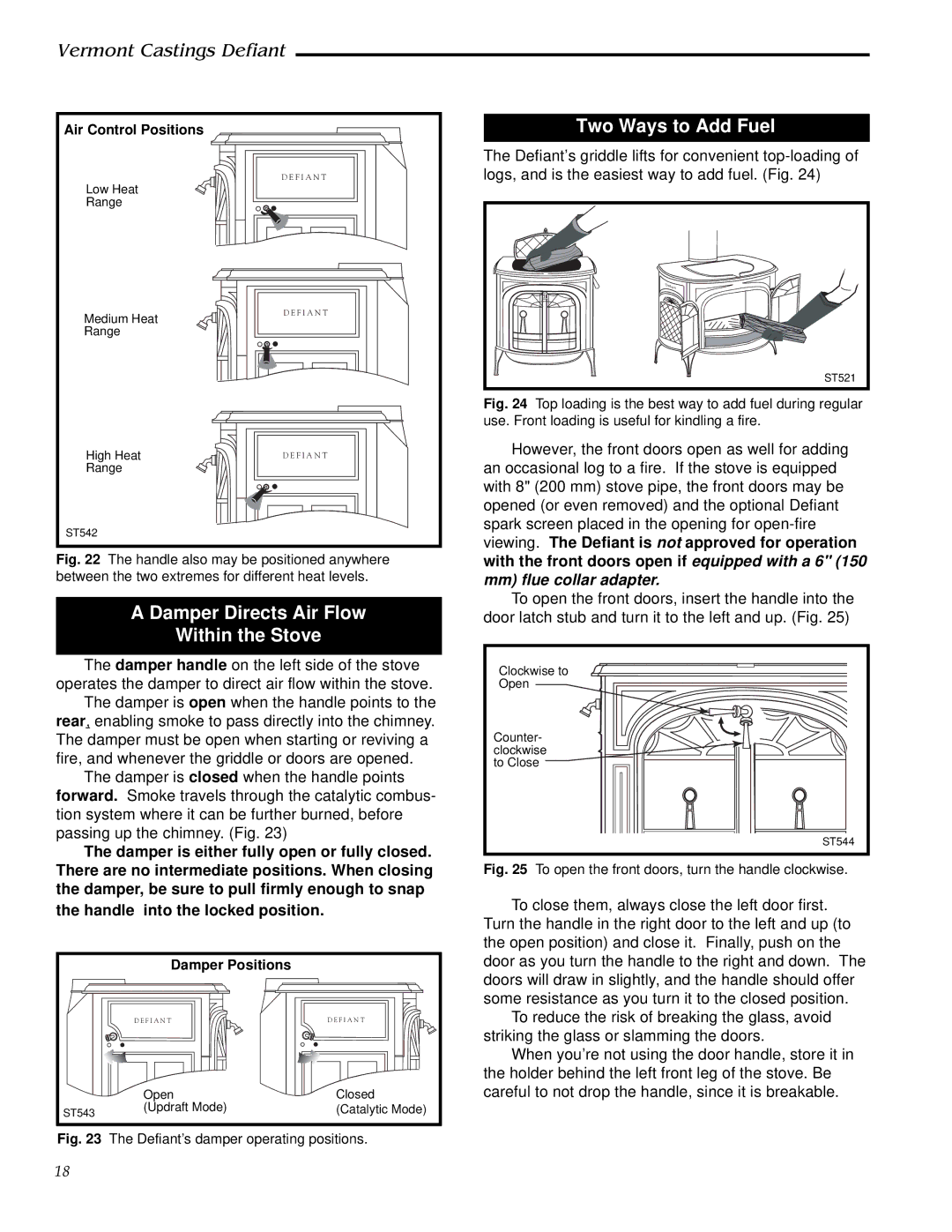 Vermont Casting 1910, 0968 installation instructions Two Ways to Add Fuel, Damper Directs Air Flow Within the Stove 