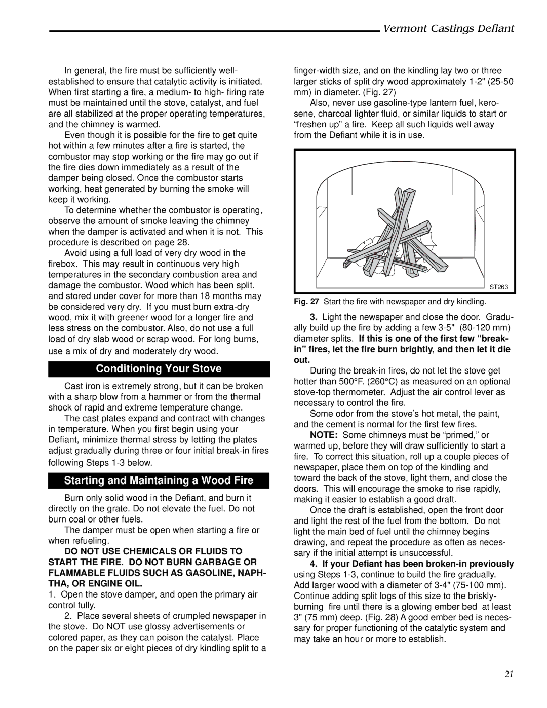 Vermont Casting 0968, 1910 installation instructions Conditioning Your Stove, Starting and Maintaining a Wood Fire 