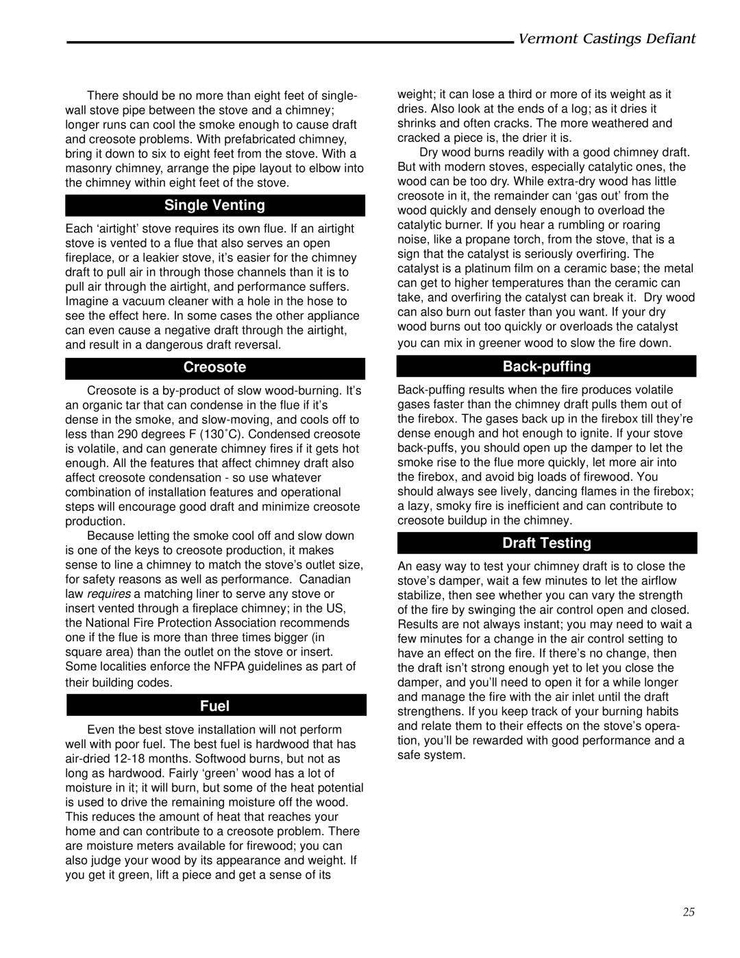 Vermont Casting 0968, 1910 installation instructions Single Venting, Creosote, Fuel, Back-puffing, Draft Testing 