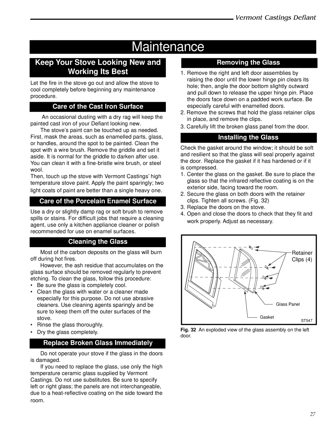 Vermont Casting 0968, 1910 installation instructions Maintenance, Keep Your Stove Looking New Working Its Best 