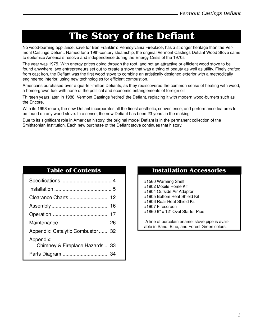 Vermont Casting 0968, 1910 installation instructions Story of the Defiant, Table of Contents 