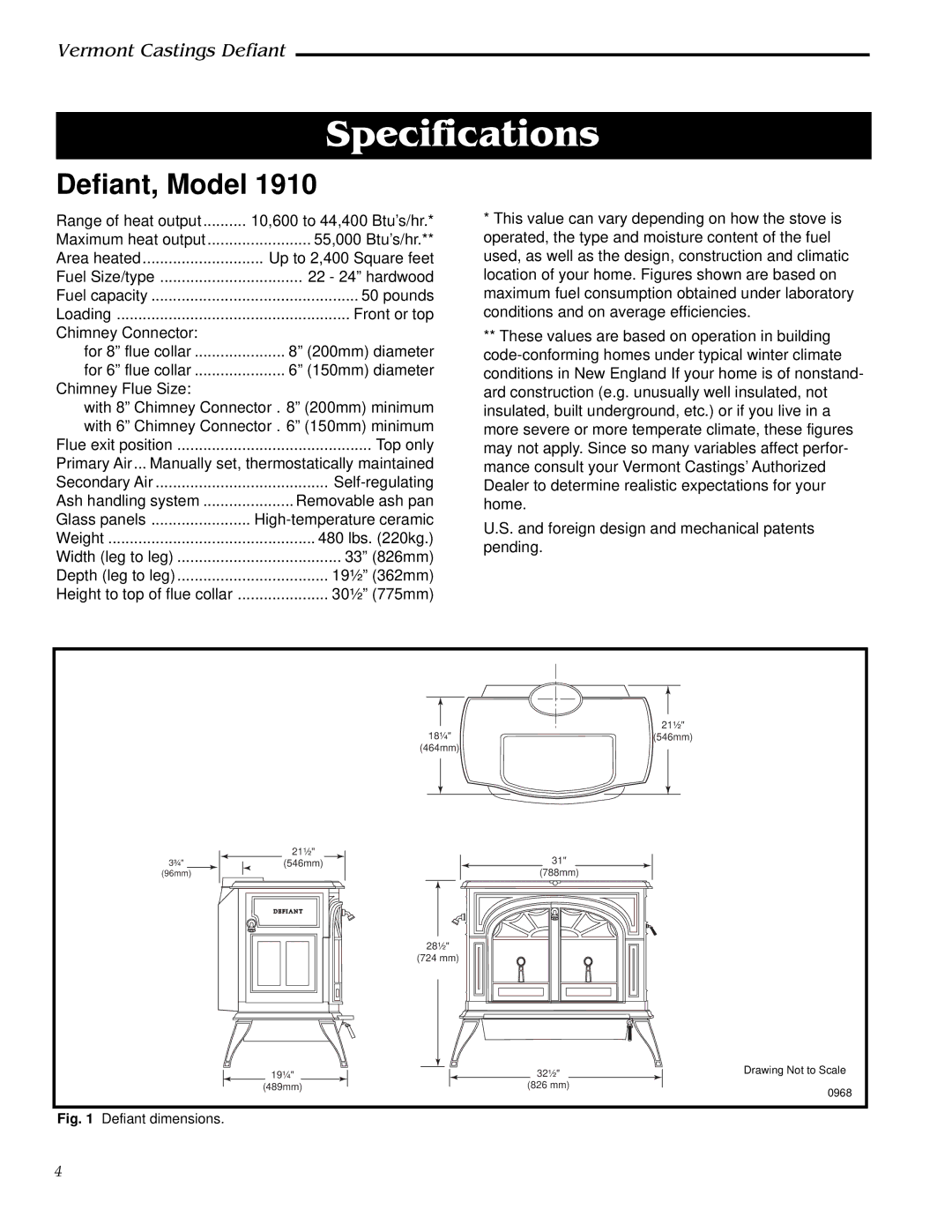 Vermont Casting 1910, 0968 installation instructions Specifications, Defiant, Model 