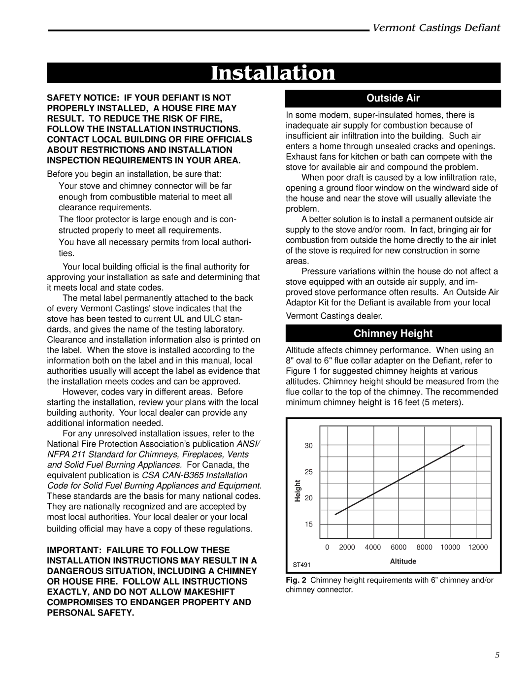 Vermont Casting 0968, 1910 installation instructions Installation, Outside Air, Chimney Height 