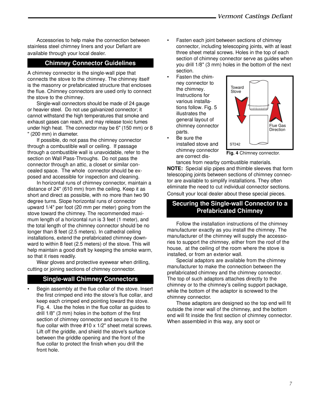 Vermont Casting 0968, 1910 installation instructions Chimney Connector Guidelines, Single-wall Chimney Connectors 