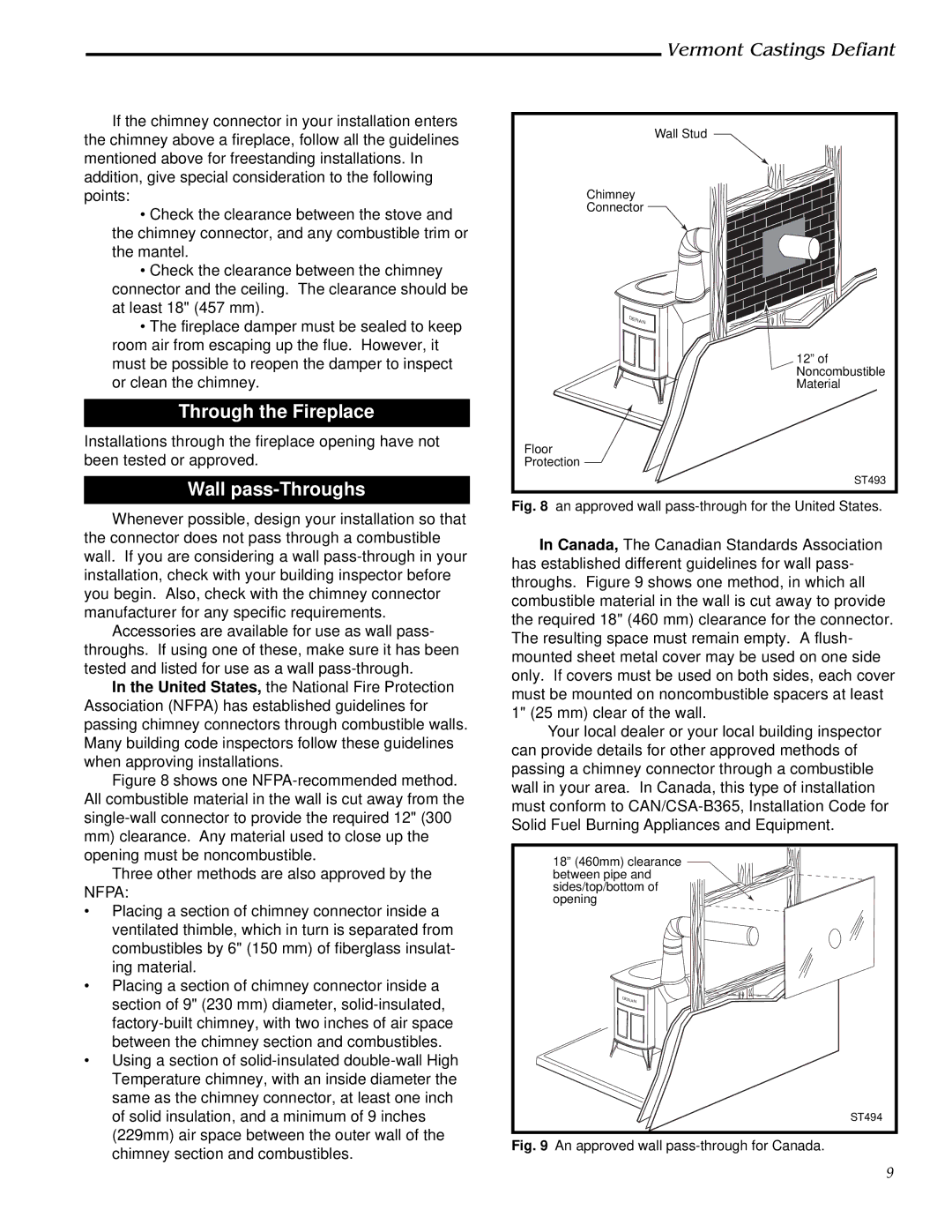 Vermont Casting 0968, 1910 installation instructions Through the Fireplace, Wall pass-Throughs 