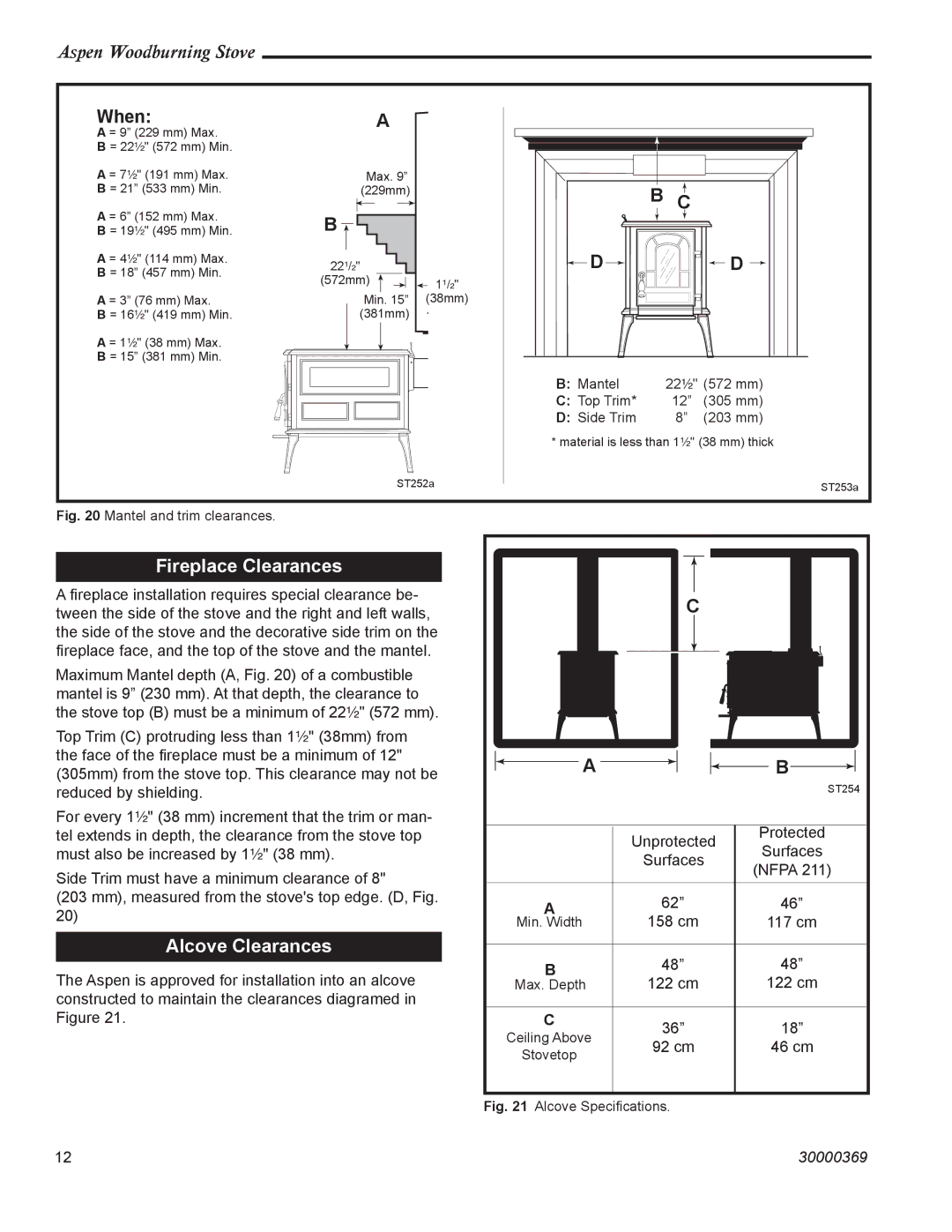 Vermont Casting 1920 installation instructions Fireplace Clearances, Alcove Clearances 