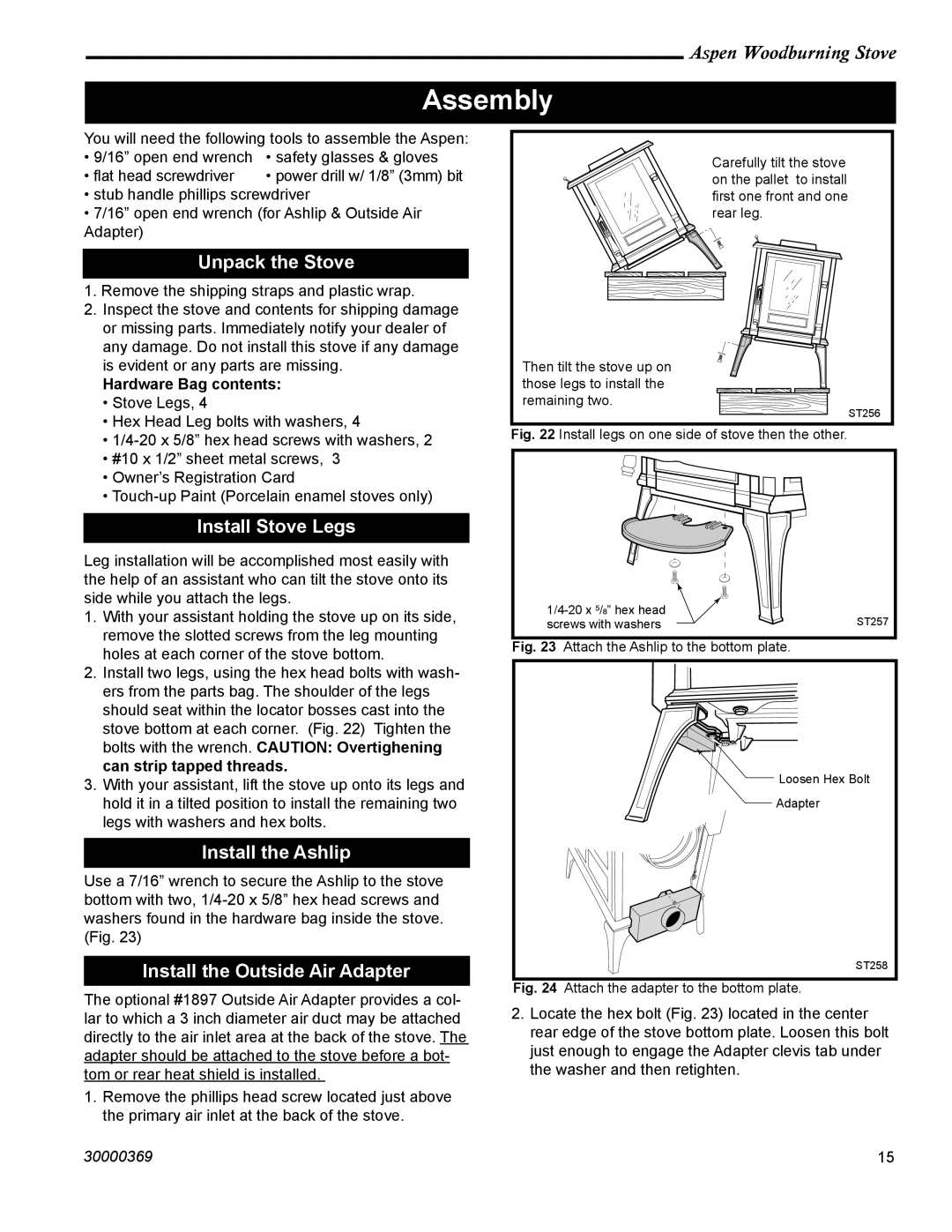 Vermont Casting 1920 Assembly, Unpack the Stove, Install Stove Legs, Install the Ashlip, Install the Outside Air Adapter 