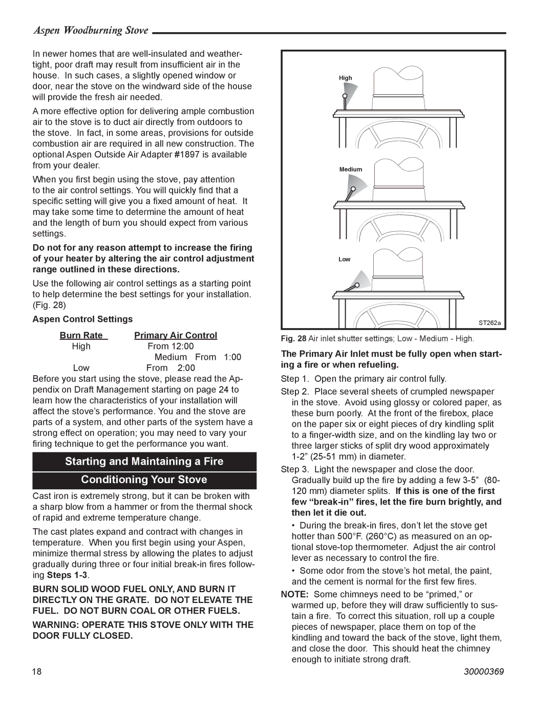 Vermont Casting 1920 installation instructions Starting and Maintaining a Fire Conditioning Your Stove 