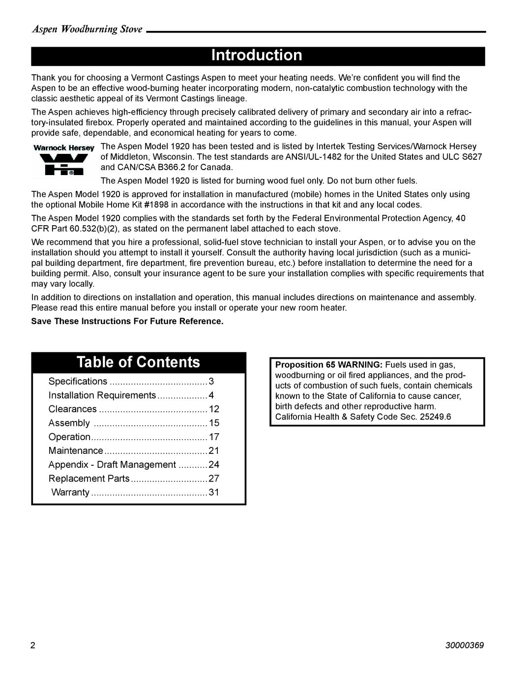 Vermont Casting 1920 installation instructions Introduction, Table of Contents 