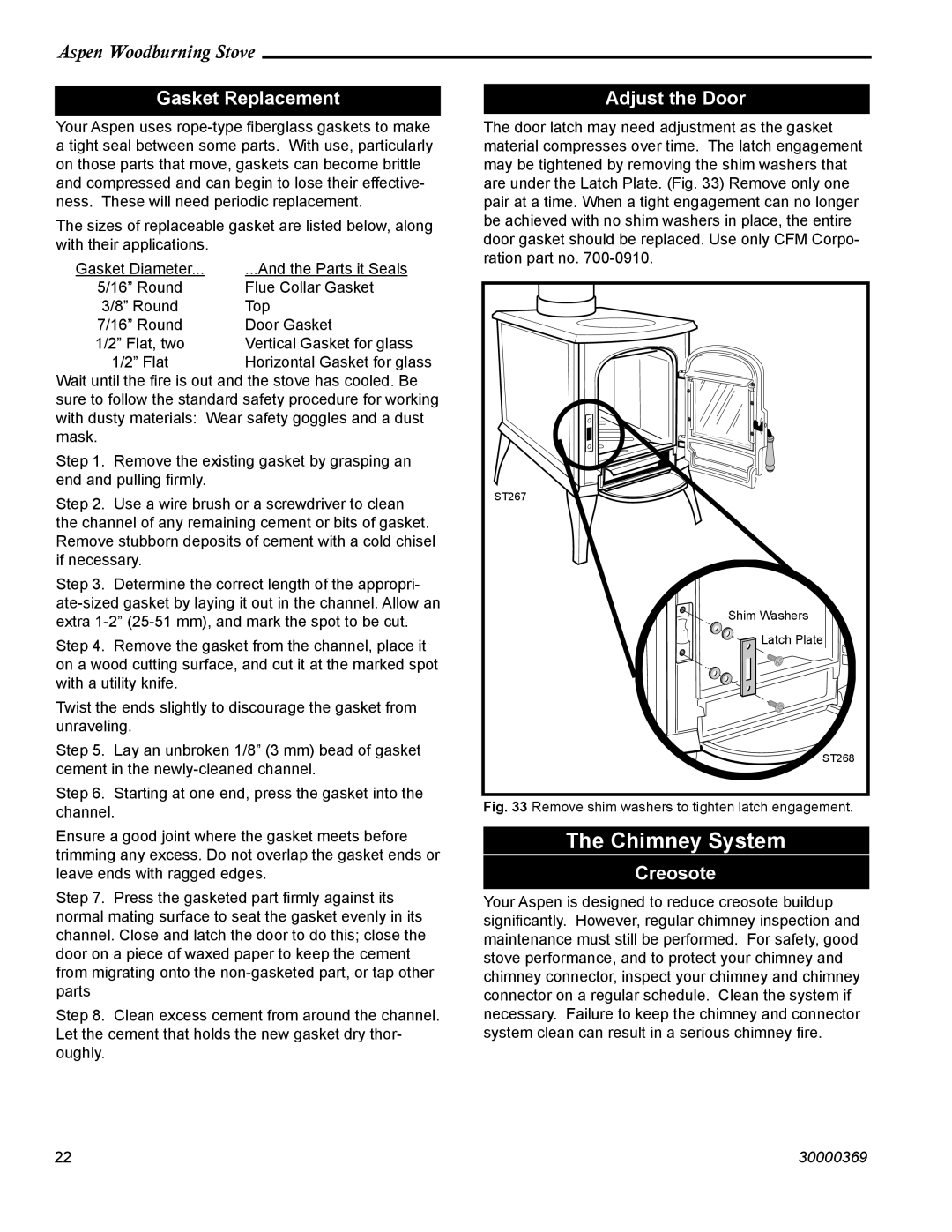 Vermont Casting 1920 installation instructions Gasket Replacement, Adjust the Door, Creosote 