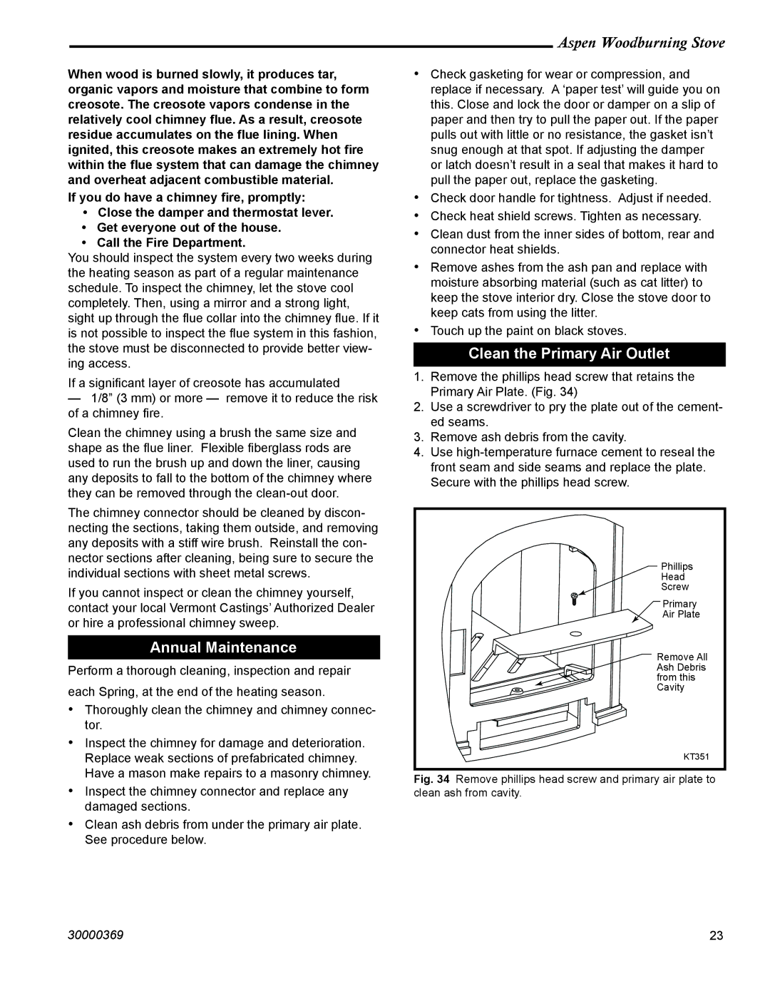 Vermont Casting 1920 installation instructions Annual Maintenance, Clean the Primary Air Outlet 