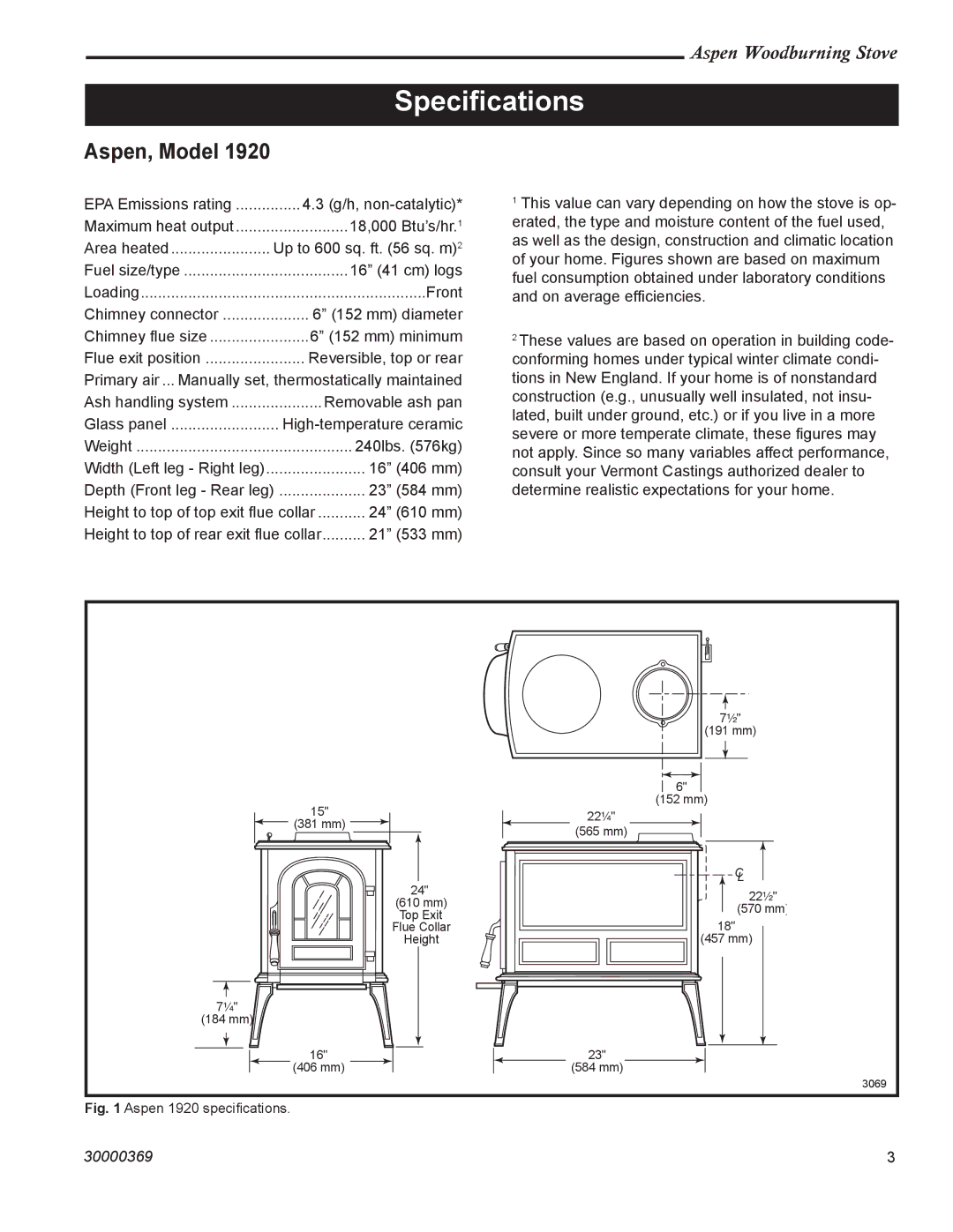 Vermont Casting 1920 installation instructions Speciﬁcations, Aspen, Model 