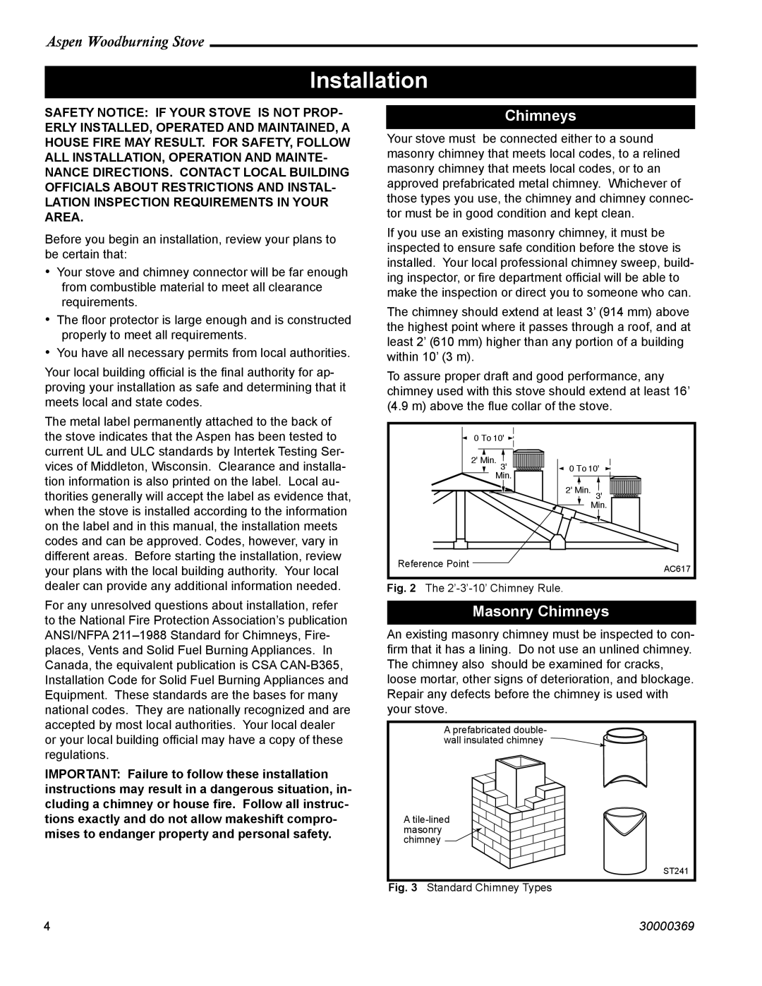 Vermont Casting 1920 installation instructions Installation, Masonry Chimneys 