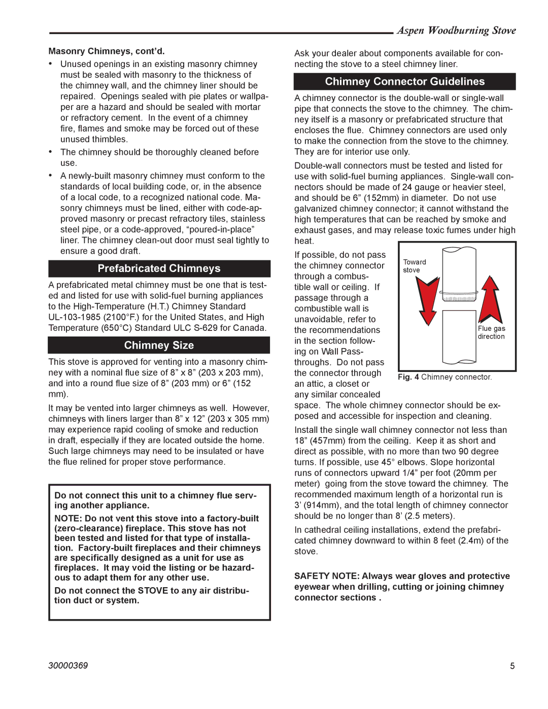 Vermont Casting 1920 Prefabricated Chimneys, Chimney Size, Chimney Connector Guidelines, Masonry Chimneys, cont’d 