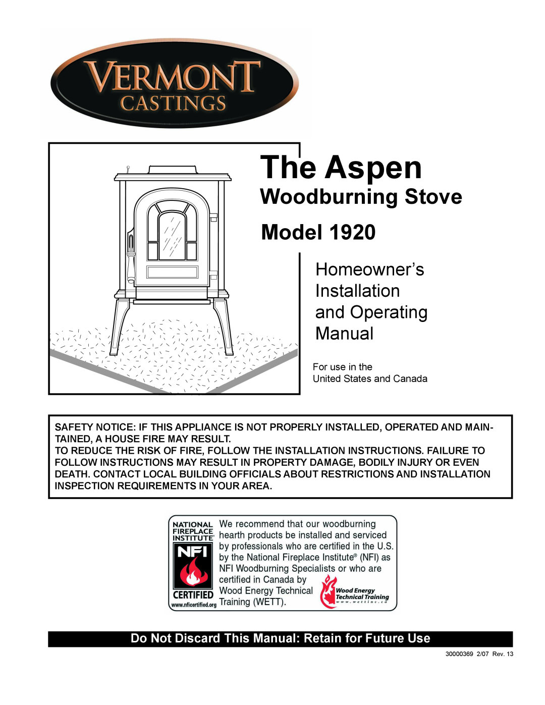 Vermont Casting 1920 installation instructions Woodburning Stove, Model, Do Not Discard This Manual Retain for Future Use 