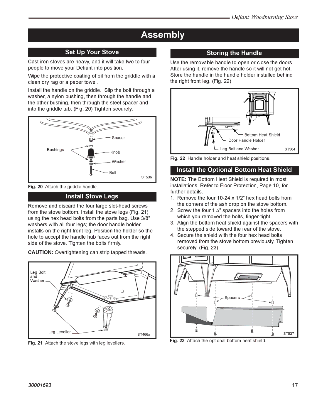 Vermont Casting 1945 installation instructions Assembly, Set Up Your Stove, Install Stove Legs, Storing the Handle 