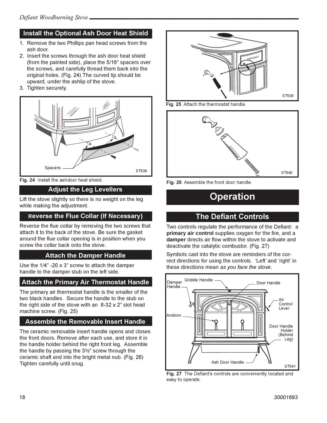 Vermont Casting 1945 installation instructions Operation, Deﬁant Controls 