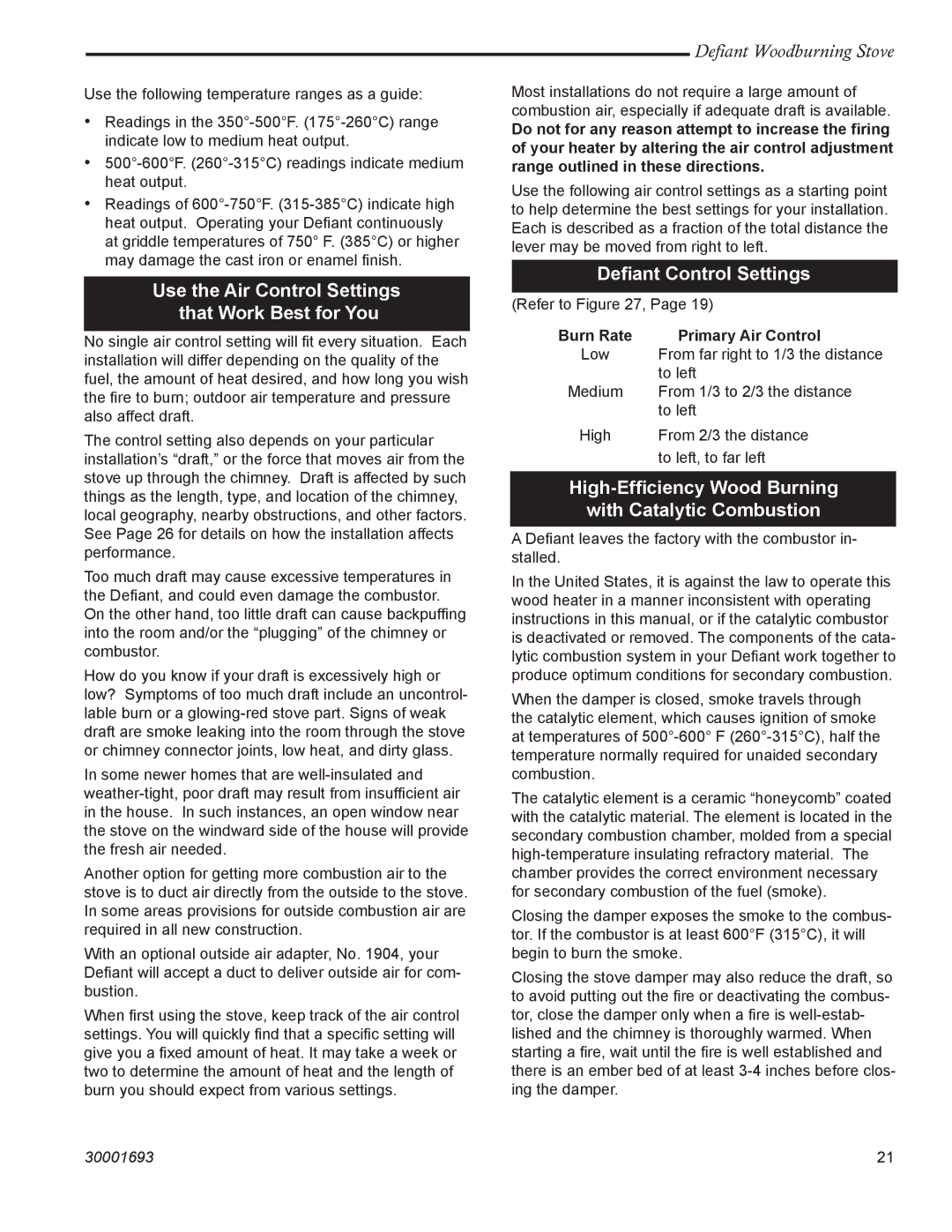 Vermont Casting 1945 installation instructions Use the Air Control Settings that Work Best for You, Deﬁant Control Settings 