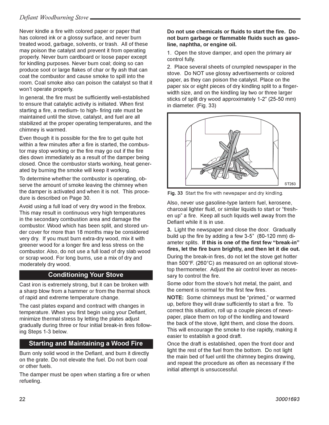 Vermont Casting 1945 installation instructions Conditioning Your Stove, Starting and Maintaining a Wood Fire 