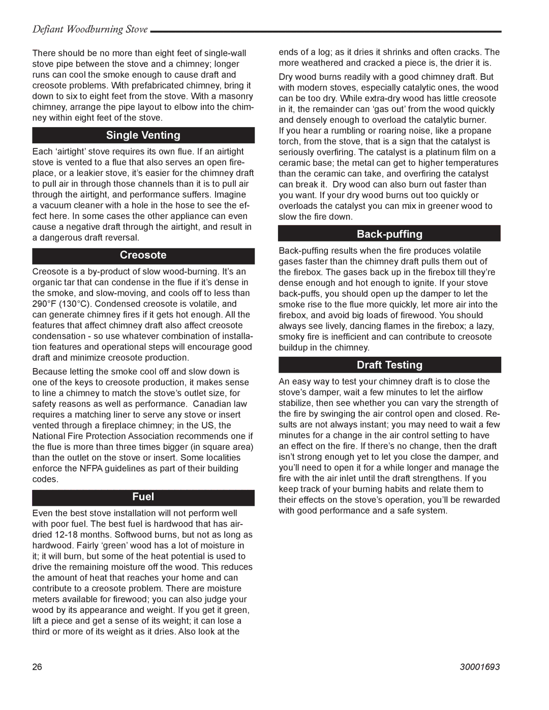 Vermont Casting 1945 installation instructions Single Venting, Creosote, Fuel, Back-pufﬁng, Draft Testing 