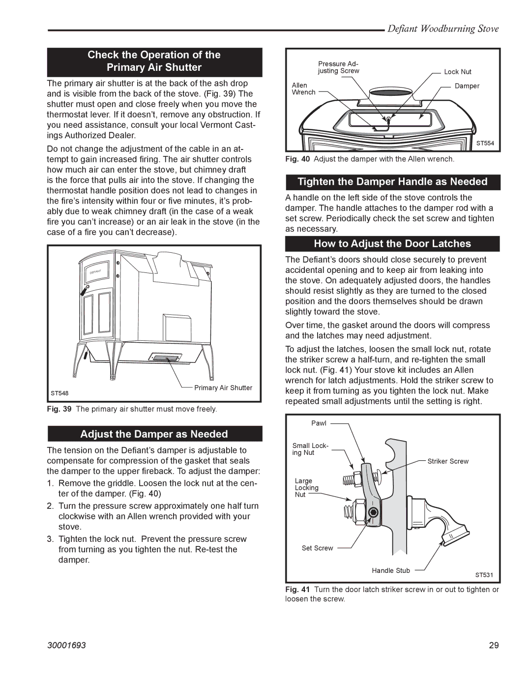 Vermont Casting 1945 installation instructions Check the Operation Primary Air Shutter, Tighten the Damper Handle as Needed 