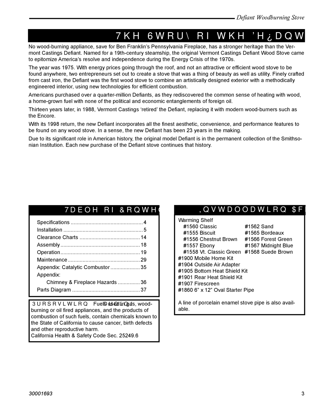 Vermont Casting 1945 installation instructions Story of the Deﬁant, Table of Contents, Installation Accessories 