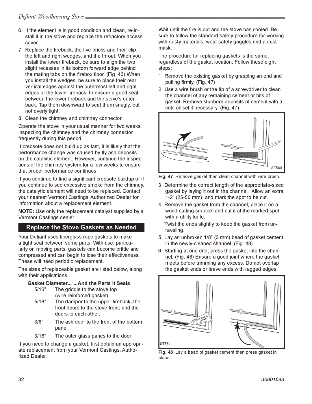 Vermont Casting 1945 installation instructions Replace the Stove Gaskets as Needed, 30001693 