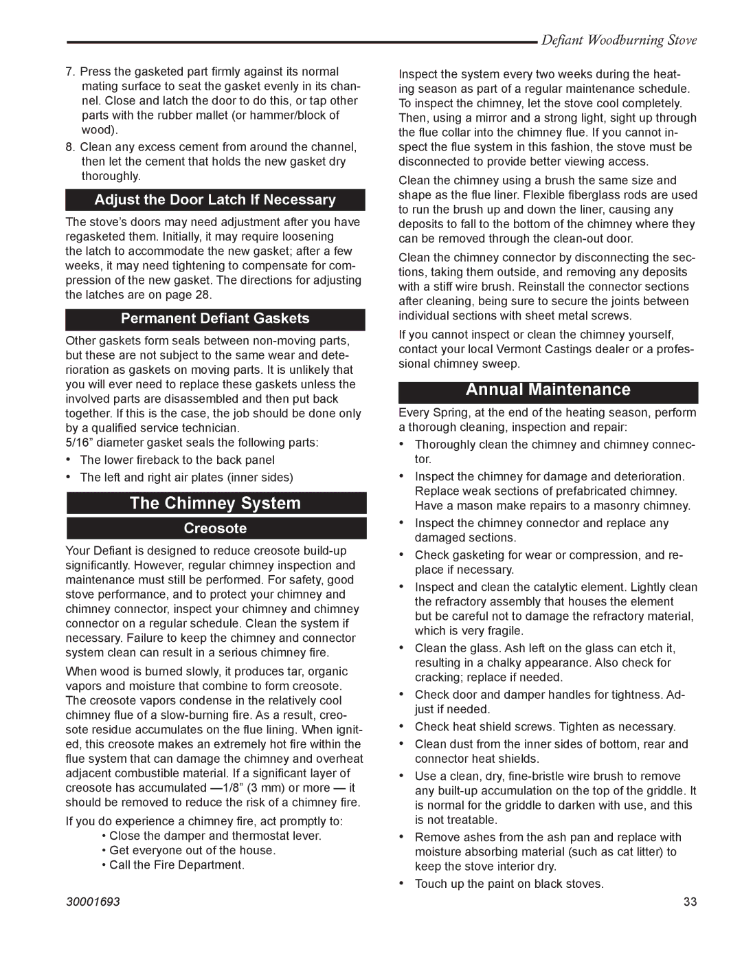 Vermont Casting 1945 Chimney System, Annual Maintenance, Adjust the Door Latch If Necessary, Permanent Deﬁant Gaskets 