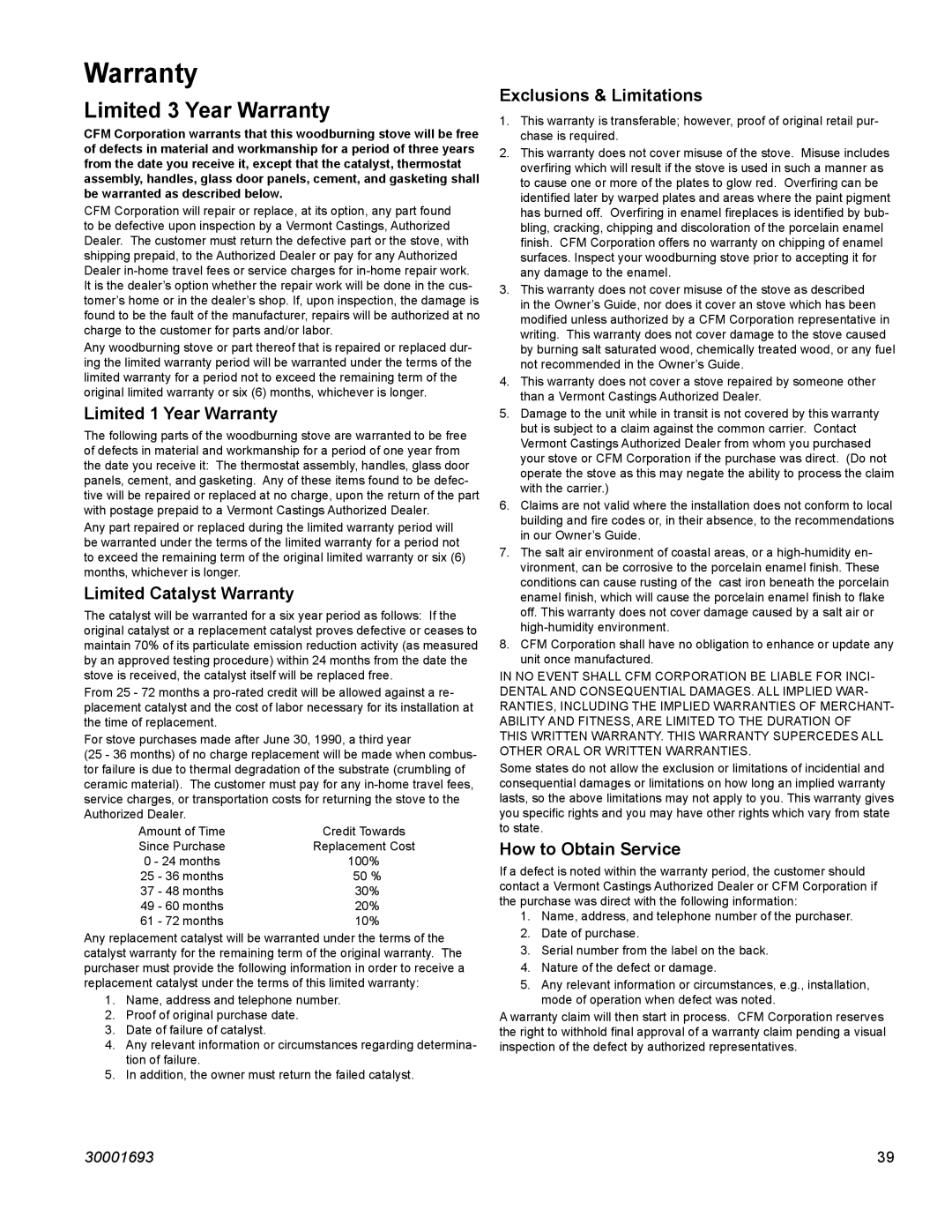 Vermont Casting 1945 installation instructions Warranty 