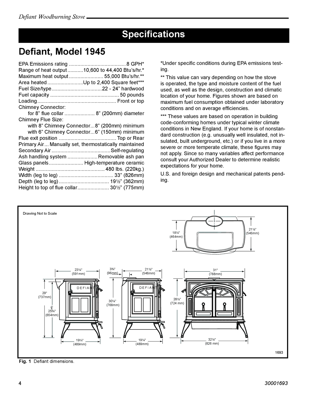 Vermont Casting 1945 installation instructions Speciﬁcations, Deﬁant, Model 