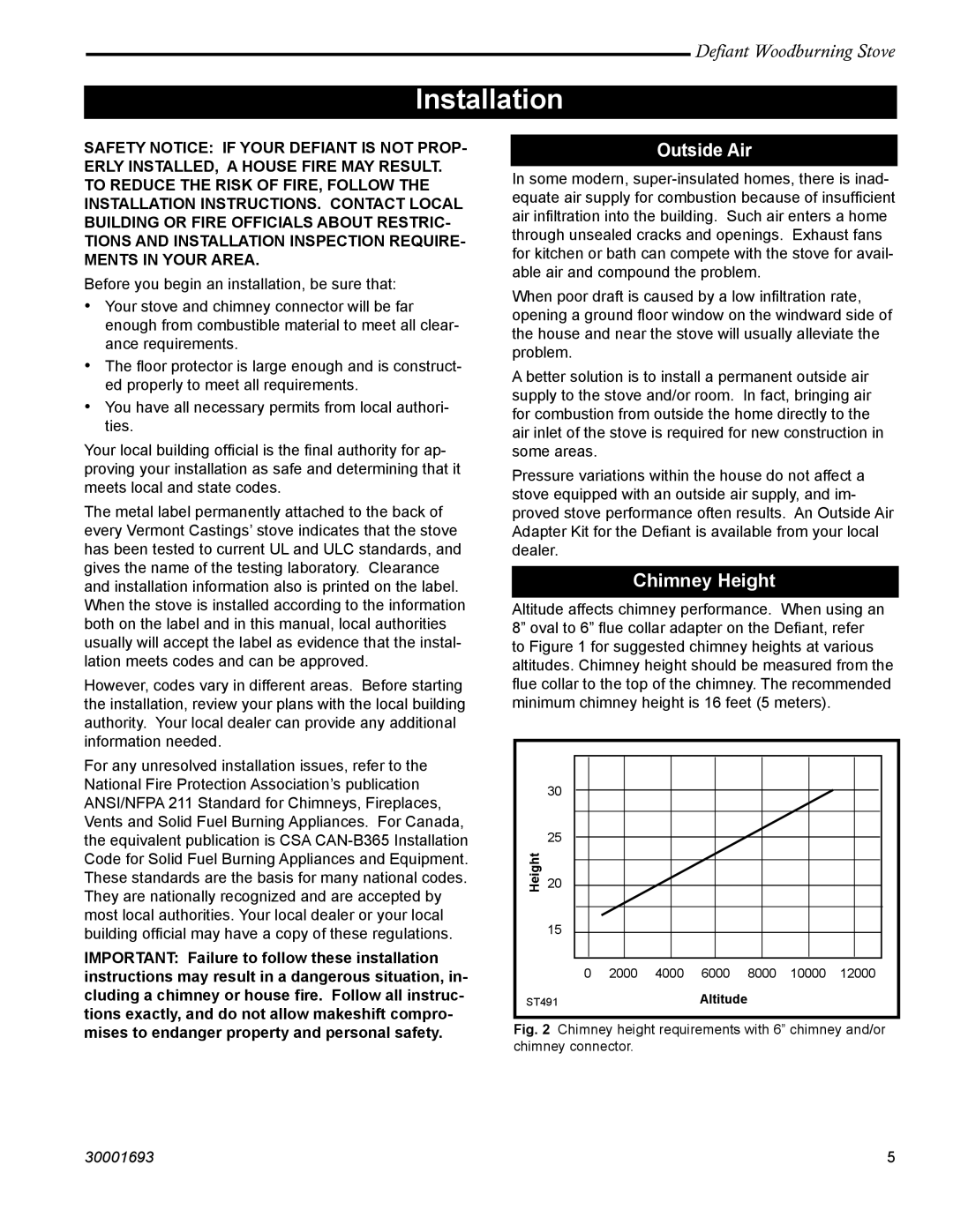 Vermont Casting 1945 installation instructions Installation, Outside Air, Chimney Height 