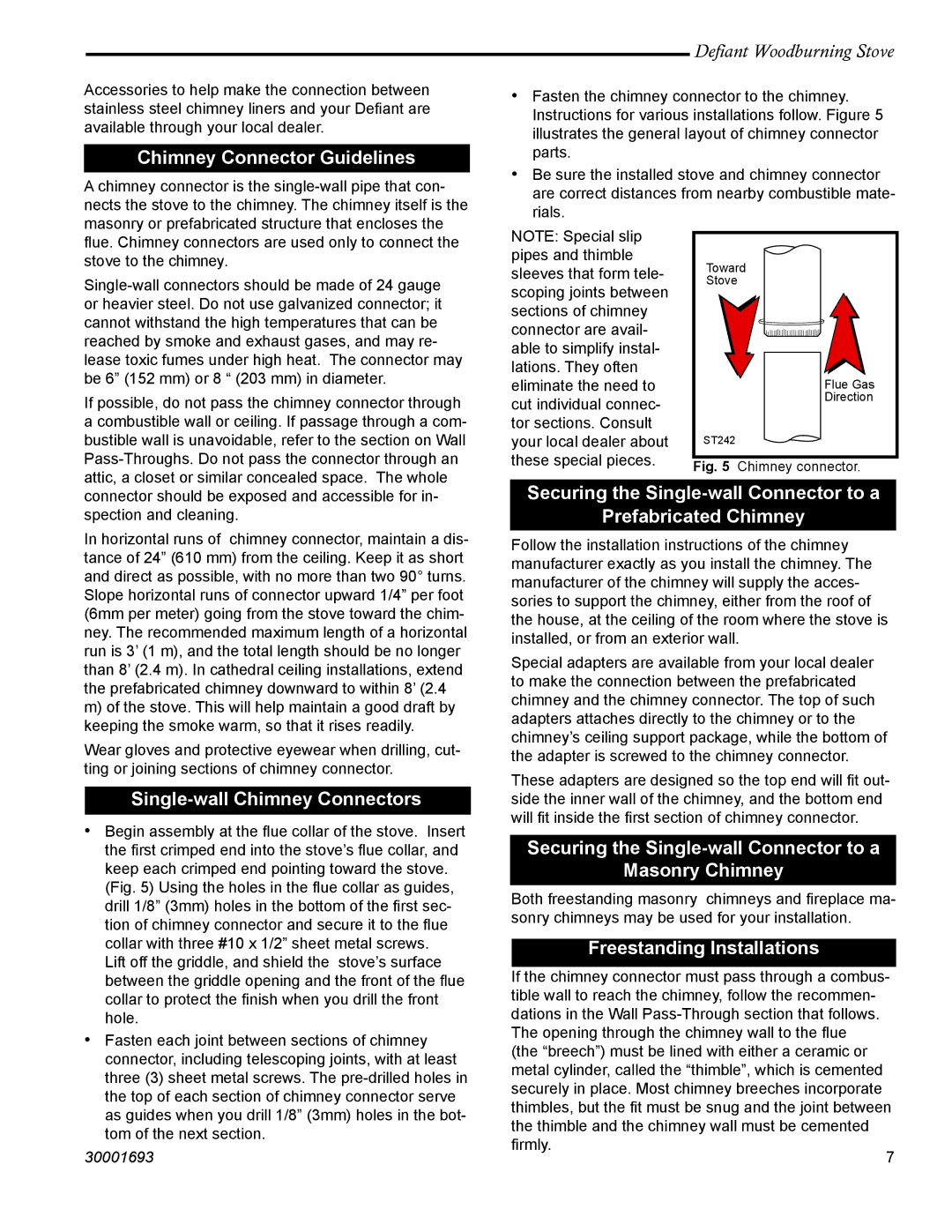 Vermont Casting 1945 Chimney Connector Guidelines, Single-wall Chimney Connectors, Freestanding Installations 