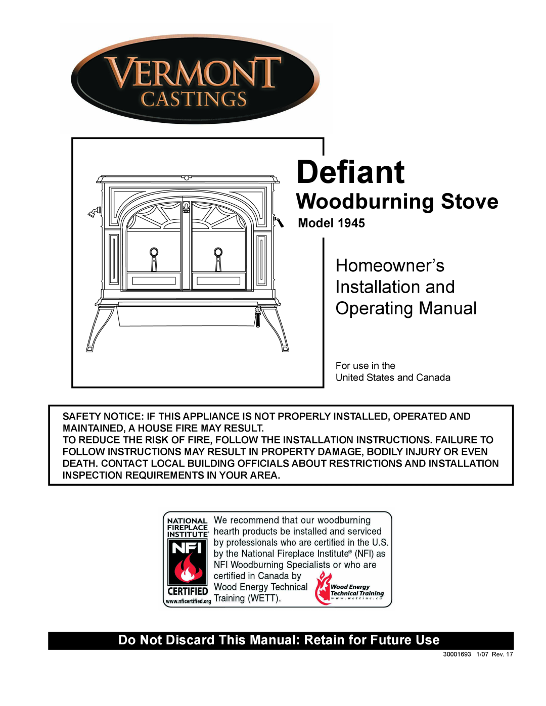 Vermont Casting 1945 installation instructions Woodburning Stove, Model, Deﬁant, Homeowner’s, Installation and 