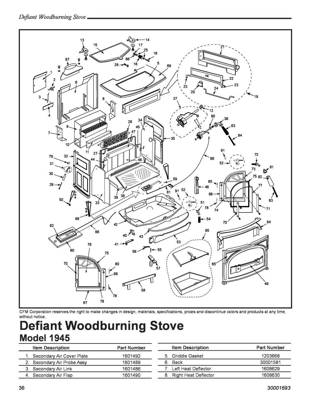 Vermont Casting 1945 installation instructions Deﬁant Woodburning Stove, Model, Defiant Woodburning Stove, 30001693 