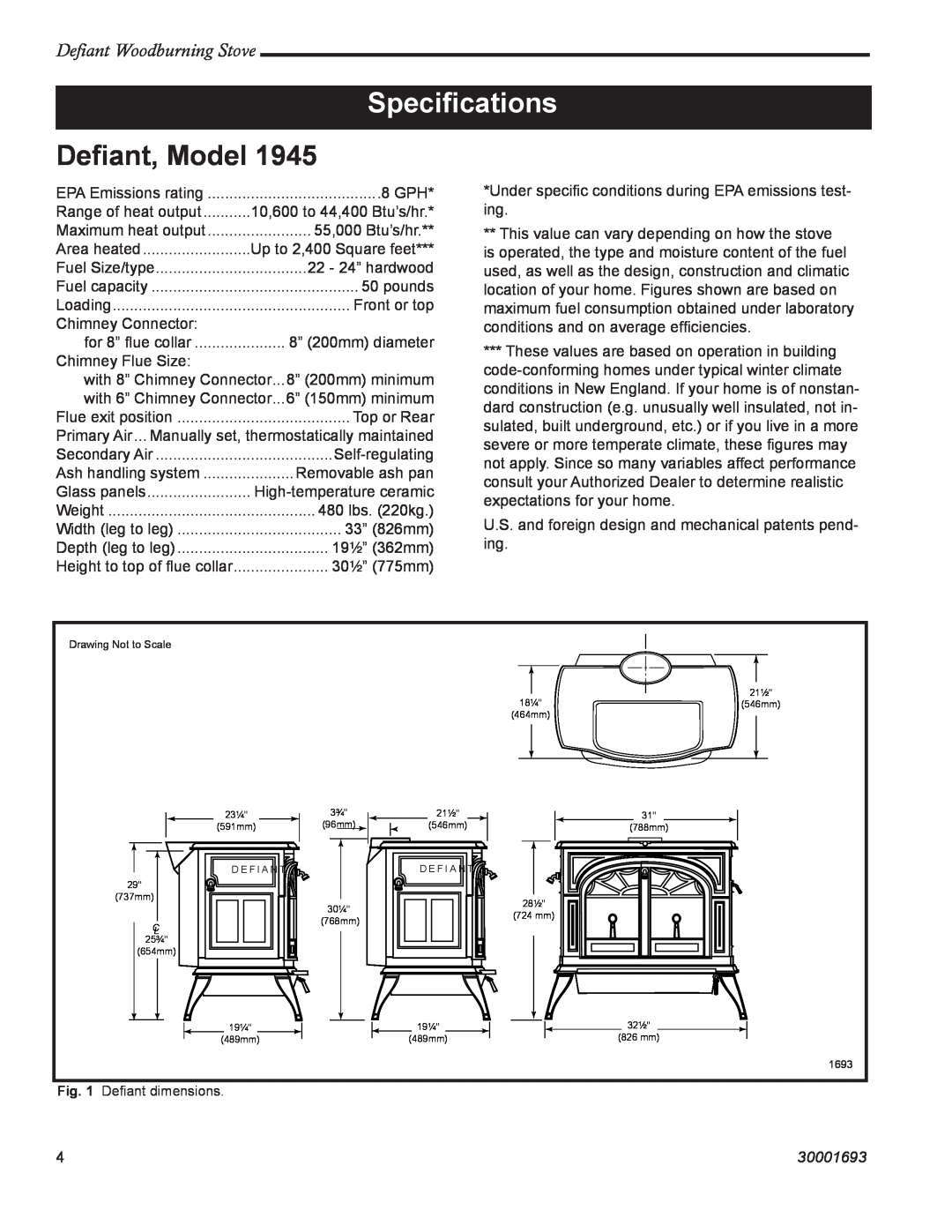 Vermont Casting 1945 installation instructions Speciﬁcations, Deﬁant, Model, Defiant Woodburning Stove, 30001693 