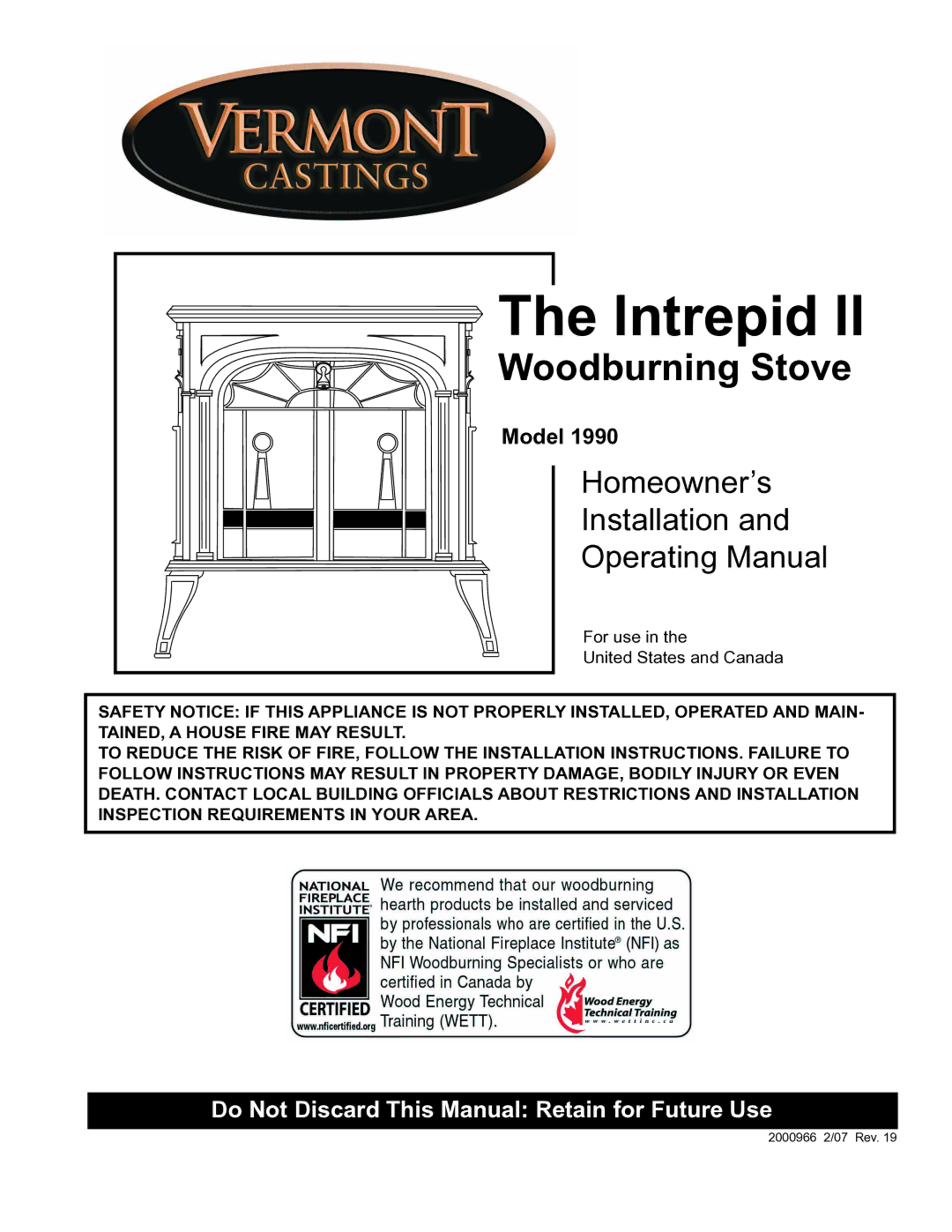 Vermont Casting 1990 installation instructions Intrepid 