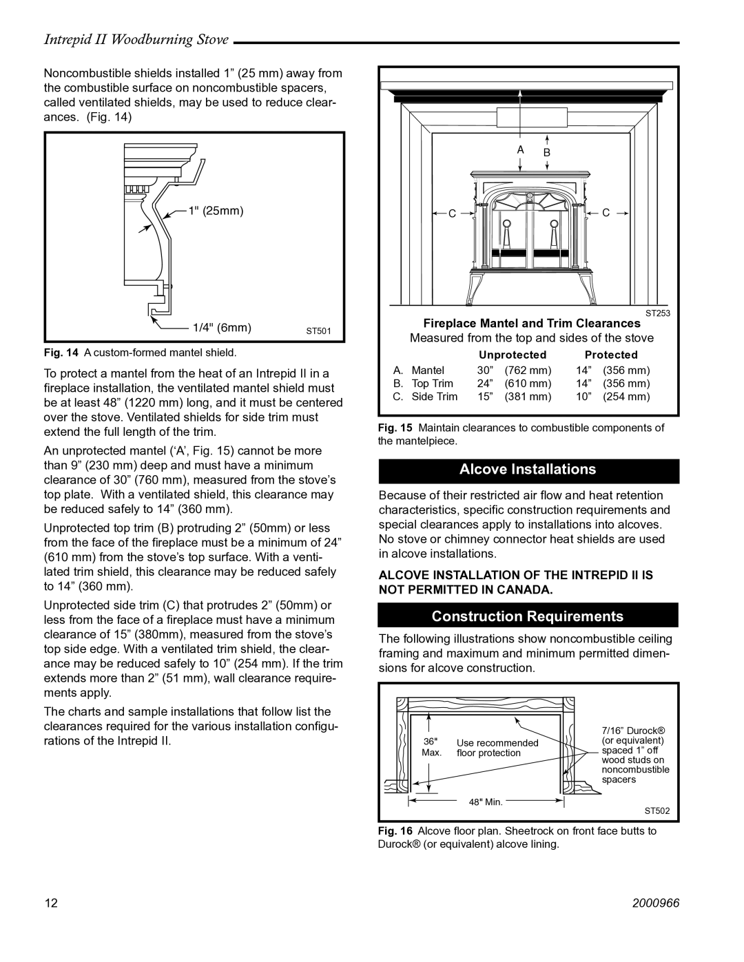 Vermont Casting 1990 installation instructions Alcove Installations, Construction Requirements 