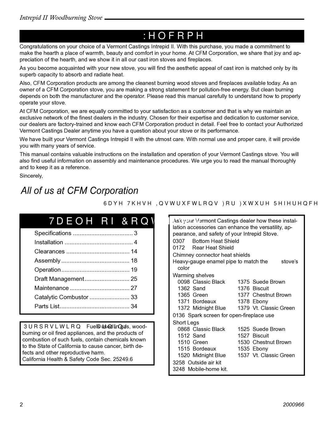 Vermont Casting 1990 installation instructions Welcome, Table of Contents 