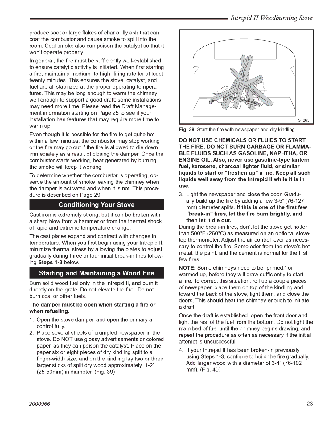 Vermont Casting 1990 installation instructions Conditioning Your Stove, Starting and Maintaining a Wood Fire 